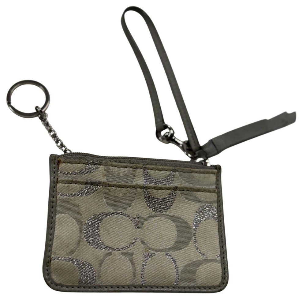 Coach Signature Jacquard Card Case Wristlet Grey Silver Glitter ID Lanyard